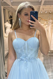 A Line Spaghetti Straps Tulle Blue Sparkly Prom Dress PSK473-Pgmdress
