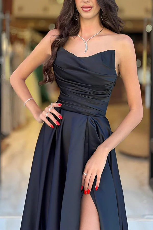 A Line Strapless Satin Black Prom Dress Party Dress With Slit  PSK720-Pgmdress