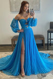 A Line Sweetheart Blue Long Chiffon Prom Dress With Split PSK524