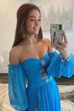 A Line Sweetheart Blue Long Chiffon Prom Dress With Split PSK524-Pgmdress
