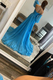 A Line Sweetheart Blue Long Chiffon Prom Dress With Split PSK524-Pgmdress