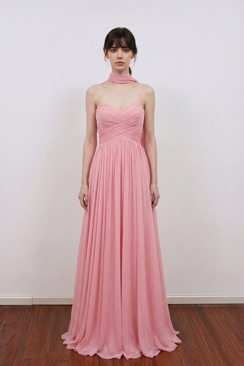 A Line Sweetheart Neck Scarf Long Chiffon Pink Bridesmaid Dress-Pgmdress