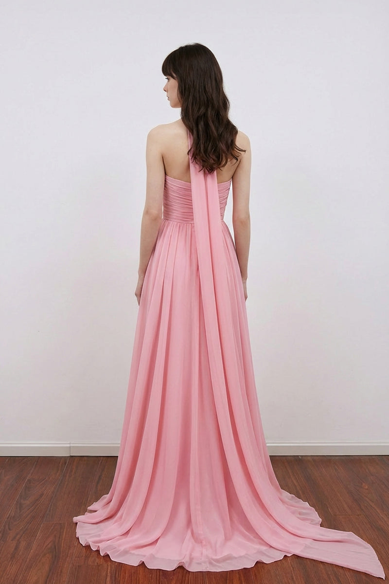 A Line Sweetheart Neck Scarf Long Chiffon Pink Bridesmaid Dress-Pgmdress