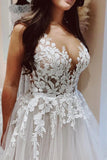 A Line V-neck Tulle Lace Appliques Beach Wedding Dresses Bridal Gown WD669-Pgmdress