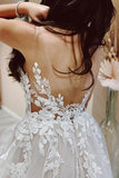 A Line V-neck Tulle Lace Appliques Beach Wedding Dresses Bridal Gown WD669-Pgmdress