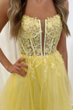 A Line V Neck Backless Yellow Lace Long Prom Dresses PSK552-Pgmdress