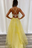 A Line V Neck Backless Yellow Lace Long Prom Dresses PSK552-Pgmdress