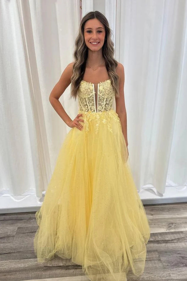 A Line V Neck Backless Yellow Lace Long Prom Dresses PSK552-Pgmdress