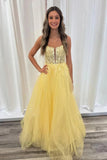 A Line V Neck Backless Yellow Lace Long Prom Dresses PSK552