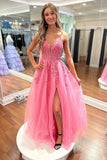 A Line V Neck Hot Pink Lace Long Prom Dresses with Slit PSK551-Pgmdress