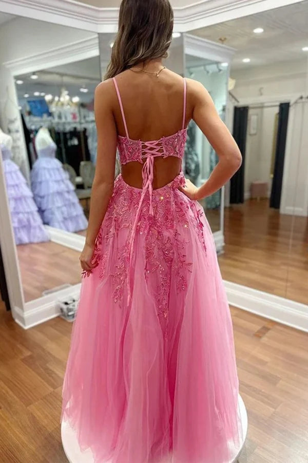 A Line V Neck Hot Pink Lace Long Prom Dresses with Slit PSK551-Pgmdress