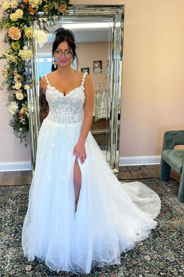 A Line V Neck Tulle Boho Wedding Dress with Appliques WD758-Pgmdress