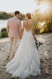 A Line V Neck Tulle Fairy Long Wedding Dress With Backless-Pgmdress