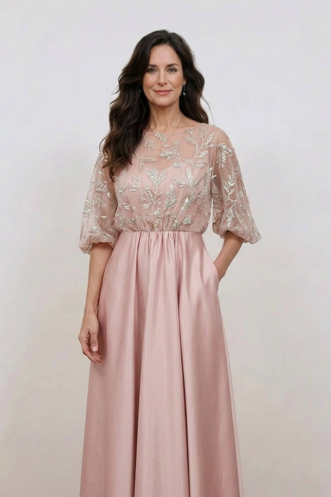 A Line Boat Neck Ruched Long Floral Blush Mother of the Bride Dress-Pgmdress