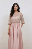 A Line Boat Neck Ruched Long Floral Blush Mother of the Bride Dress-Pgmdress