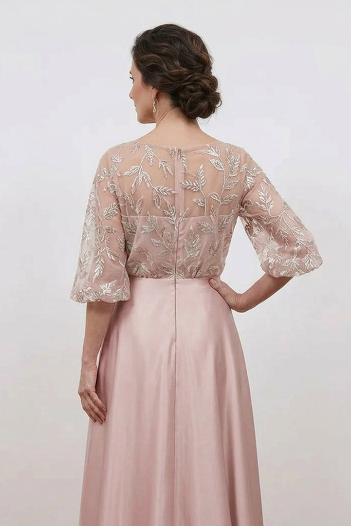 A Line Boat Neck Ruched Long Floral Blush Mother of the Bride Dress-Pgmdress