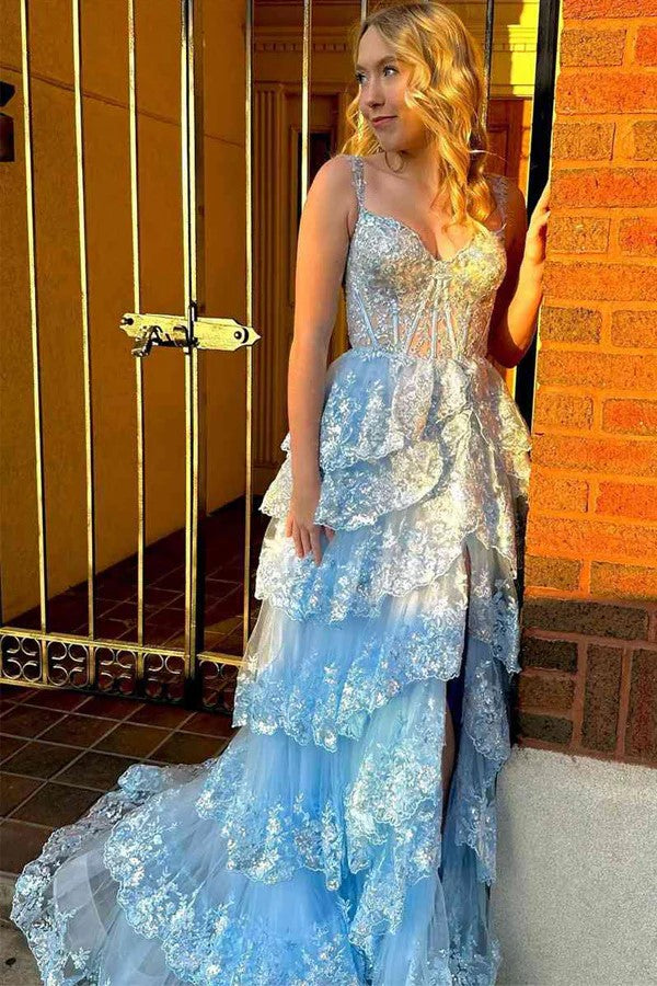 A Line Lace Tiered Stunning Prom Dress Evening Dress With Split PSK456-Pgmdress