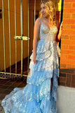 A Line Lace Tiered Stunning Prom Dress Evening Dress With Split PSK456-Pgmdress