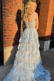 A Line Lace Tiered Stunning Prom Dress Evening Dress With Split PSK456-Pgmdress