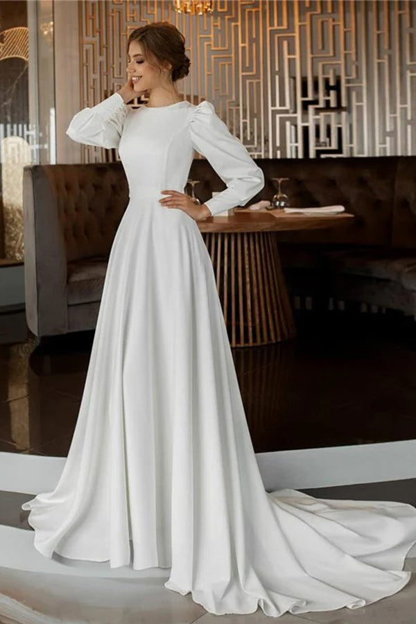 A Line Modest Long Sleeves Wedding Dress Vintage Bridal Gown WD793-Pgmdress