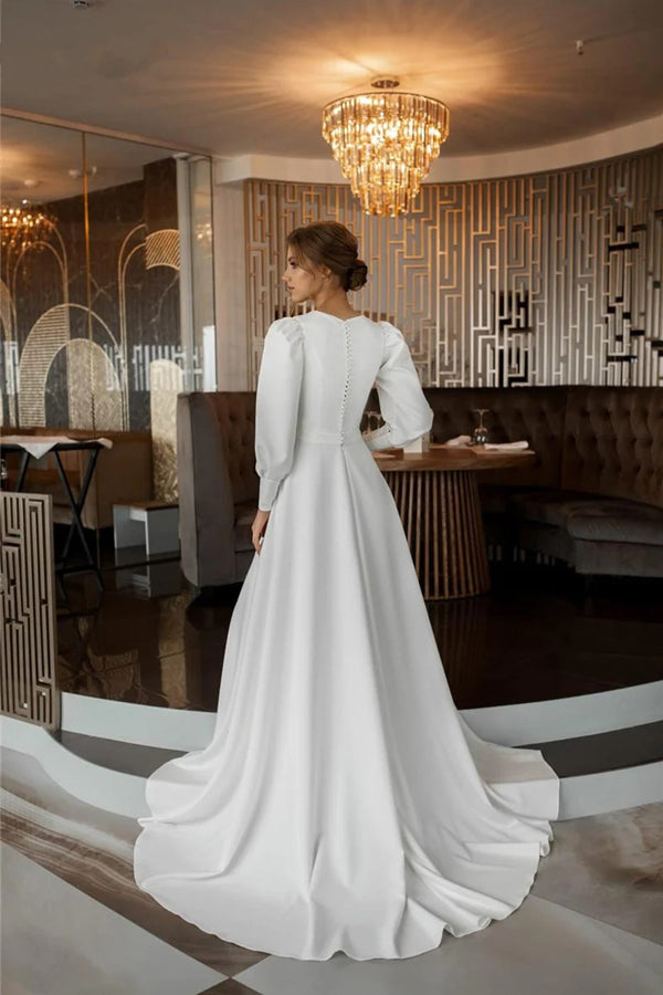 A Line Modest Long Sleeves Wedding Dress Vintage Bridal Gown WD793-Pgmdress