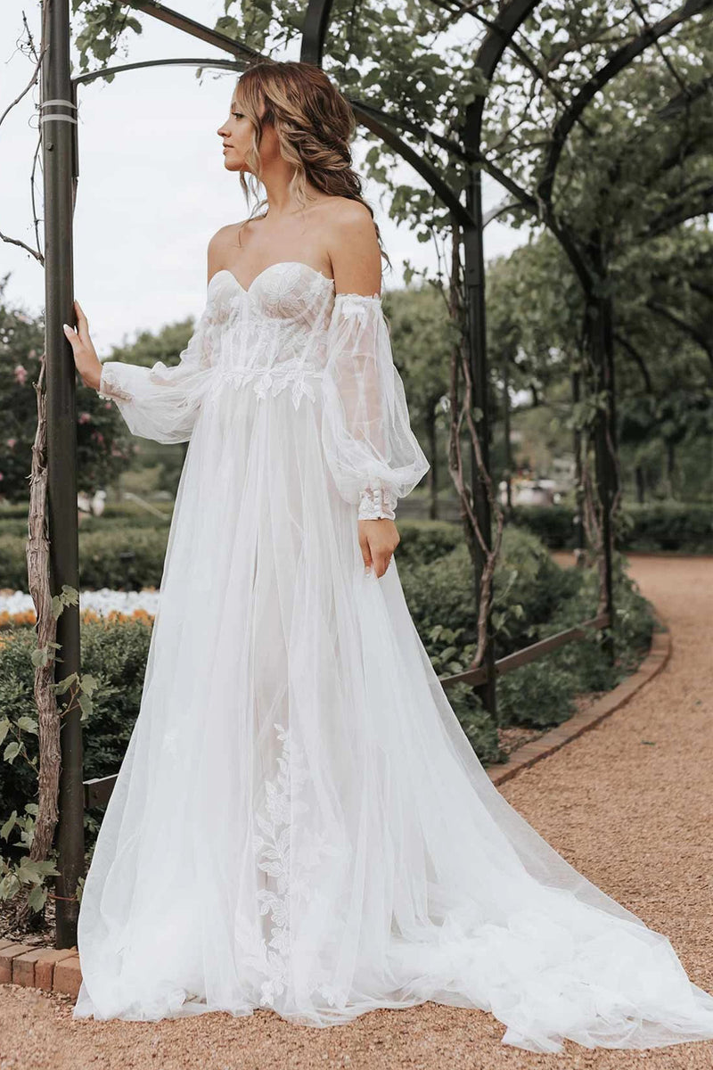 A Line Off the Shoulder Tulle Long Sleeves Fairy Wedding Dress-Pgmdress