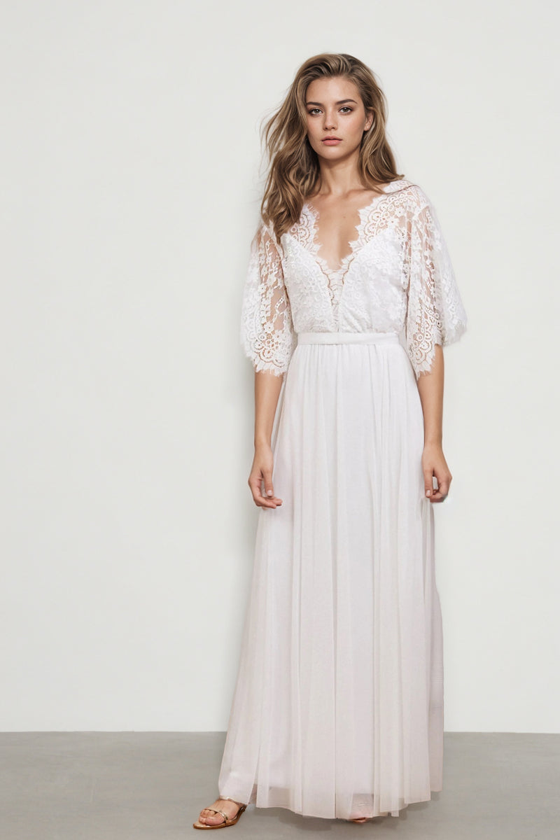 A Line V Neck Lace Short Sleeve Boho Wedding Dress Beach Bridal Gown-Pgmdress