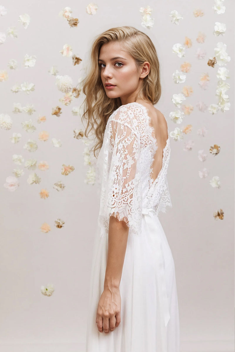 A Line V Neck Lace Short Sleeve Boho Wedding Dress Beach Bridal Gown-Pgmdress