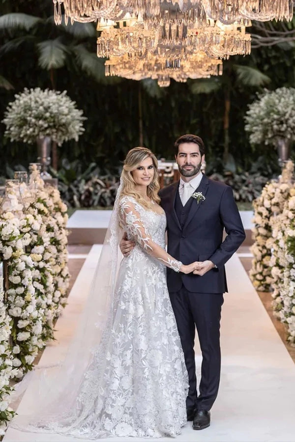 Ball Gown Lace White Wedding Dress With Detachable Long Sleeves  WD644-Pgmdress