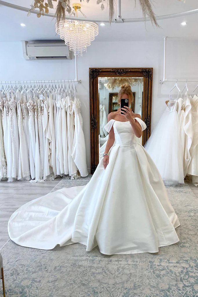 Ball Gown Off The Shoulder Satin Simple Wedding Dress Bridal Gown  WD649-Pgmdress