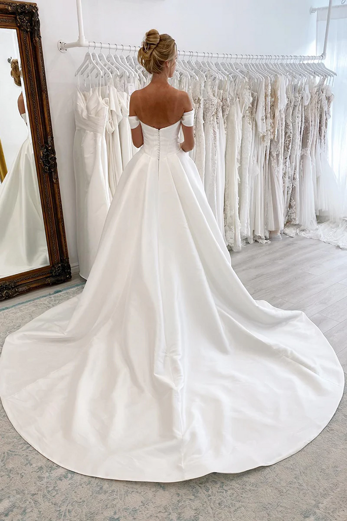 Ball Gown Off The Shoulder Satin Simple Wedding Dress Bridal Gown – Pgmdress