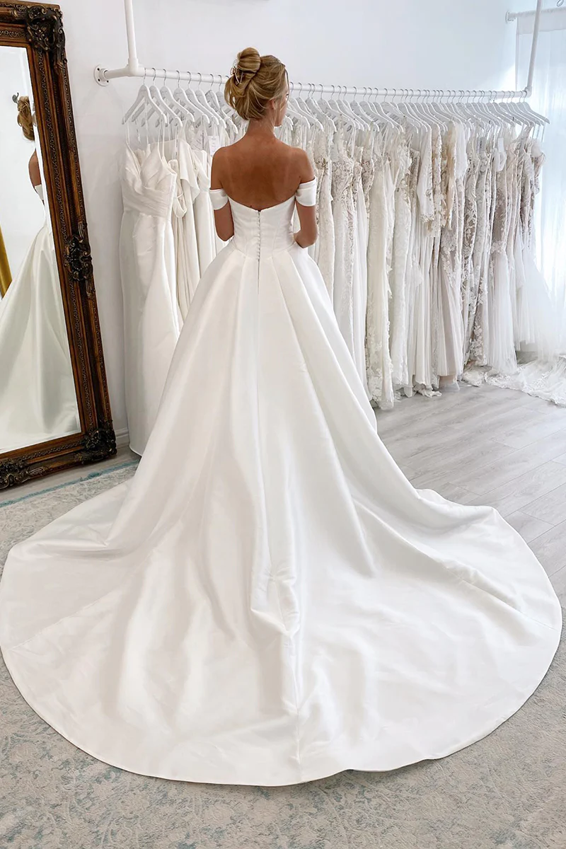 Ball Gown Off The Shoulder Satin Simple Wedding Dress Bridal Gown  WD649
