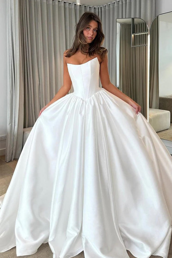 Ball Gown Strapless Satin Modest Wedding Dress With Train-Pgmdress
