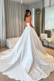 Ball Gown Strapless Satin Modest Wedding Dress With Train-Pgmdress