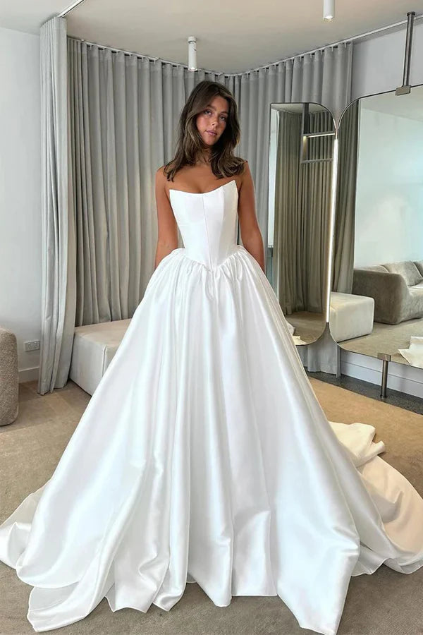 Ball Gown Strapless Satin Modest Wedding Dress With Train-Pgmdress