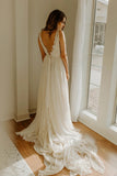 Beach Long Wedding Dress Backless With Floral Lace Boho Bridal Gown-Pgmdress