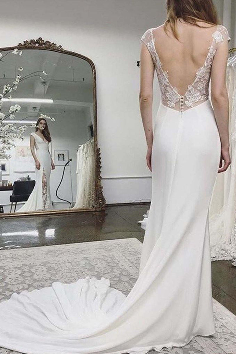 Strandhochzeitskleid mit Flügelärmeln, Applikationen, rückenfreie Spitze, Brautkleider WD431