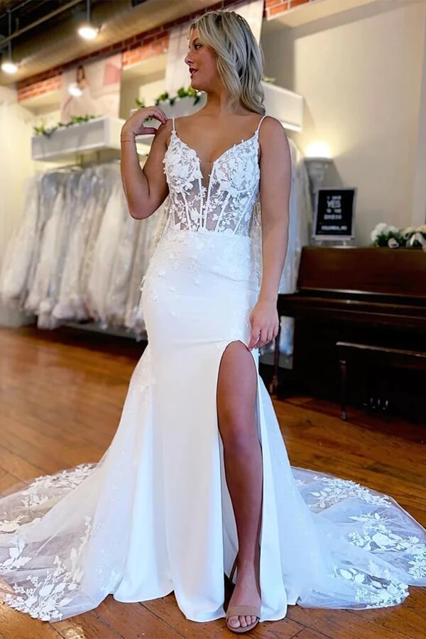 Beautiful Mermaid Satin Lace Wedding Dresses Bridal Gown With Side Slit WD630-Pgmdress