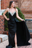 Black Beading V-Neck Long Prom Dress with Attached Train PSK482-Pgmdress