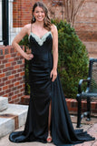 Black Beading V-Neck Long Prom Dress with Attached Train PSK482-Pgmdress