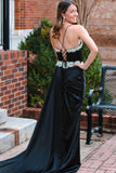 Black Beading V-Neck Long Prom Dress with Attached Train PSK482-Pgmdress