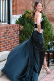 Black Beading V-Neck Long Prom Dress with Attached Train PSK482-Pgmdress