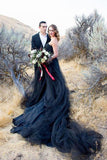 Black Gothic Wedding Dresses A-Line Sleeveless With Train WD704-Pgmdress