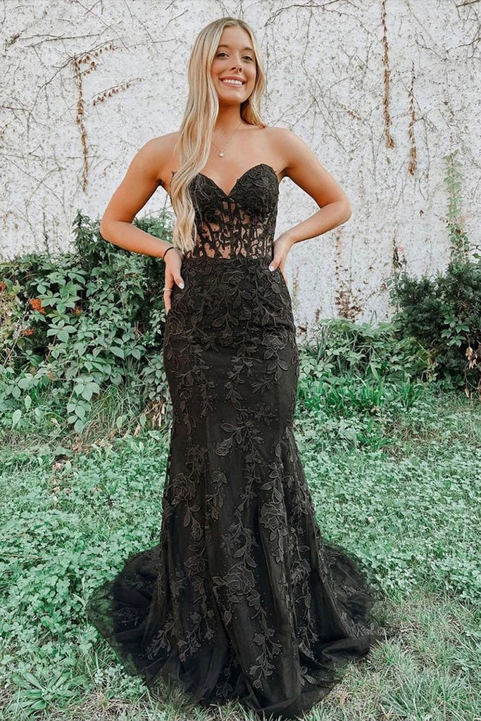 Black Strapless Mermaid Prom Dress With Lace Appliques PSK460-Pgmdress