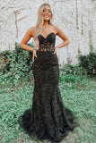 Black Strapless Mermaid Prom Dress With Lace Appliques PSK460