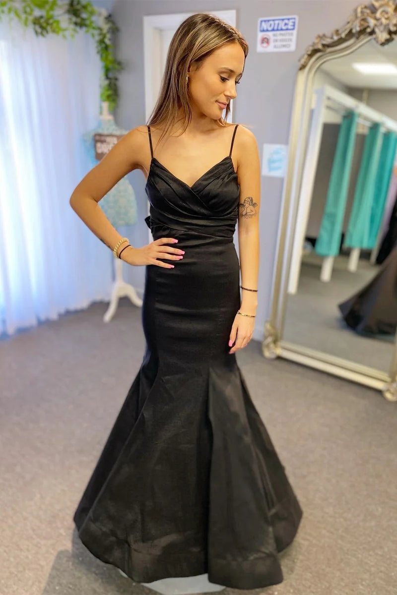 Satin Surplice Pleated Straps Black Long Prom Dress with Bow PSK437-Pgmdress