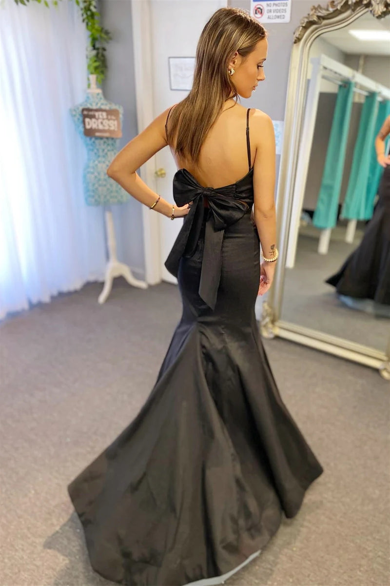 Satin Surplice Pleated Straps Black Long Prom Dress with Bow PSK437-Pgmdress
