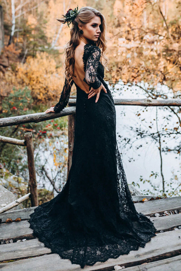 A-line V neck Black Prom Dress Long Sleeve Lace Applique Tulle Evening –  SELINADRESS