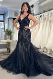 Black Tulle Appliques V-Neck Trumpet Long Wedding Dress WD699-Pgmdress