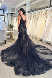 Black Tulle Appliques V-Neck Trumpet Long Wedding Dress WD699-Pgmdress